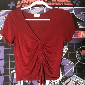 Burgundy Runched Drawstring Crop Tee